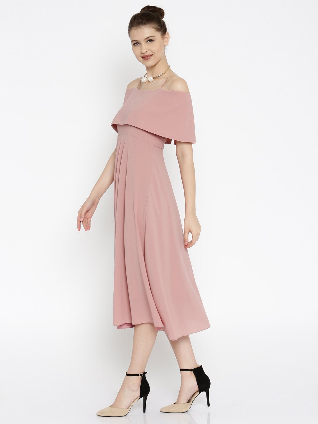 Women's Layered Fit & Flare Pink Midi Strap Dress - SASSAFRAS