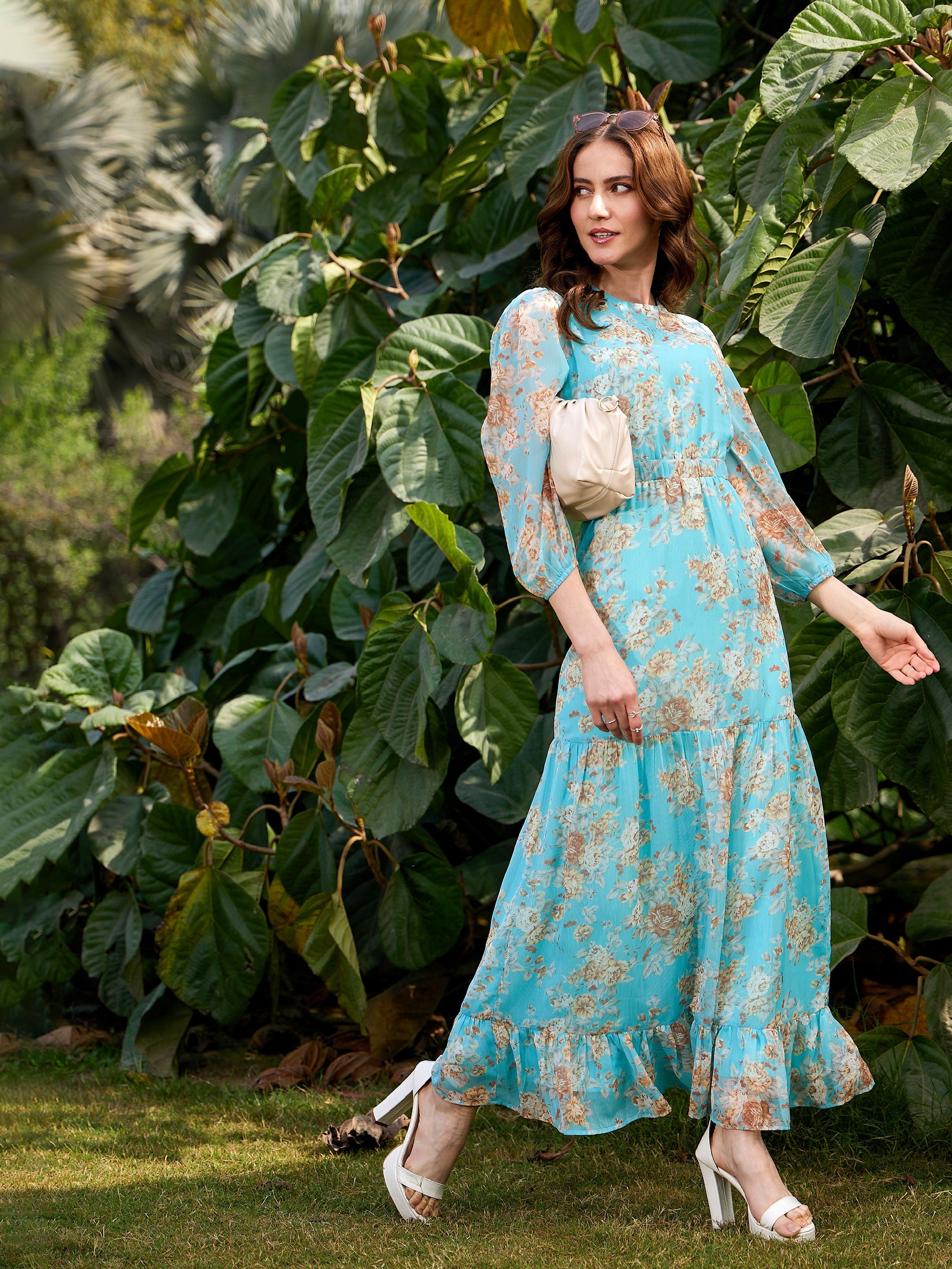 Women's Turquoise Floral Waist Cut Out Maxi Dress - SASSAFRAS