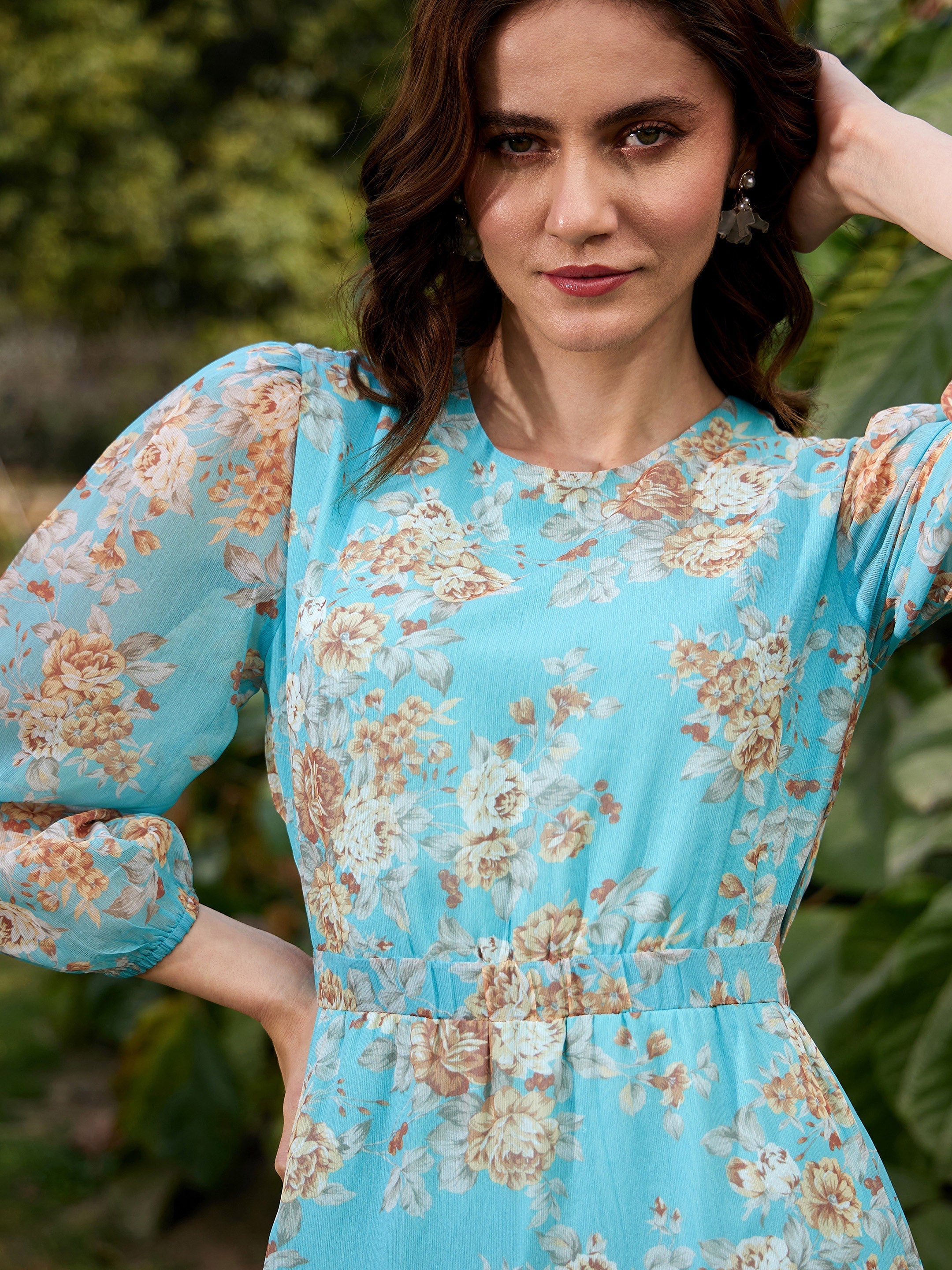 Women's Turquoise Floral Waist Cut Out Maxi Dress - SASSAFRAS