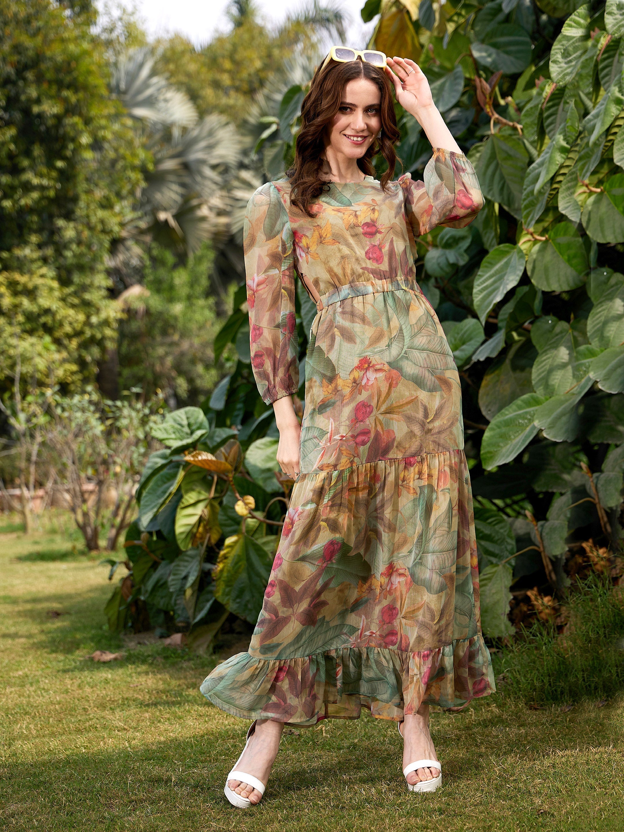 Women's Green Jungle Print Waist Cut Out Maxi Dress XL / Green | Trendia Global Women's Green Jungle Print Waist Cut Out Maxi Dress XL / Green | Trendia Global