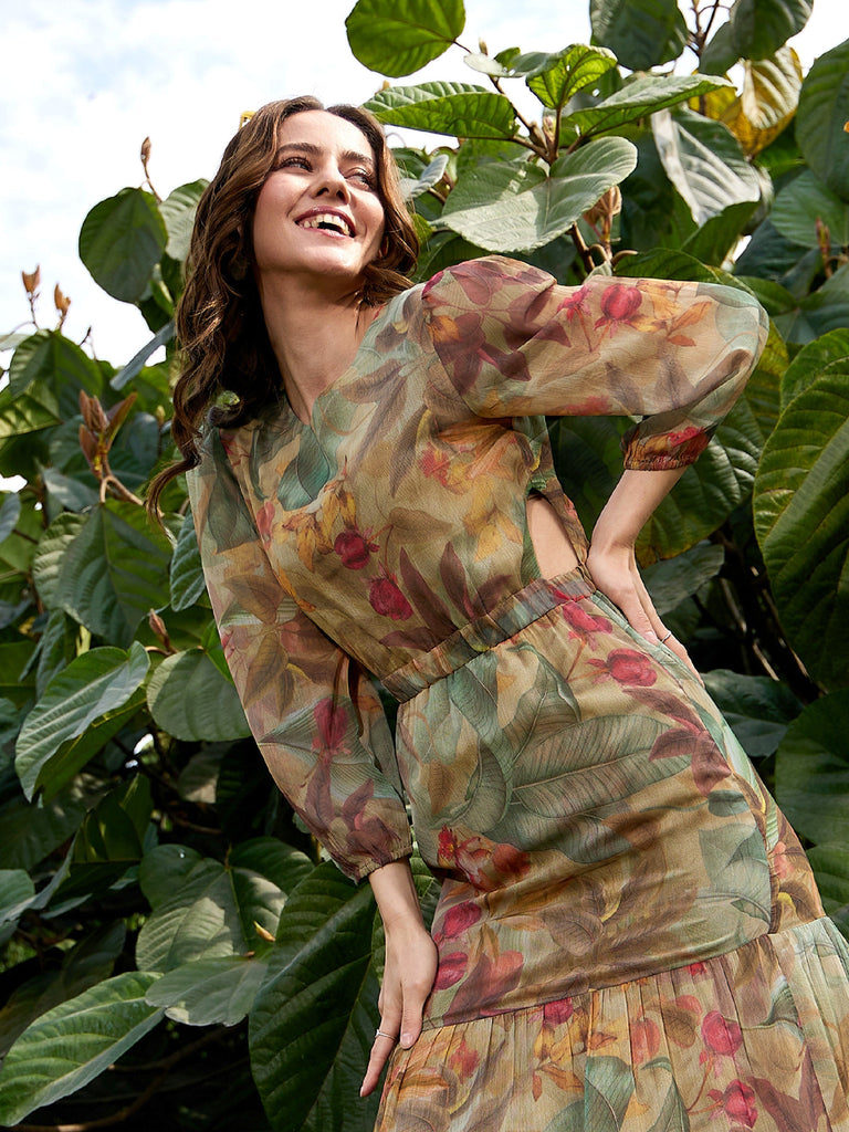 Women's Green Jungle Print Waist Cut Out Maxi Dress