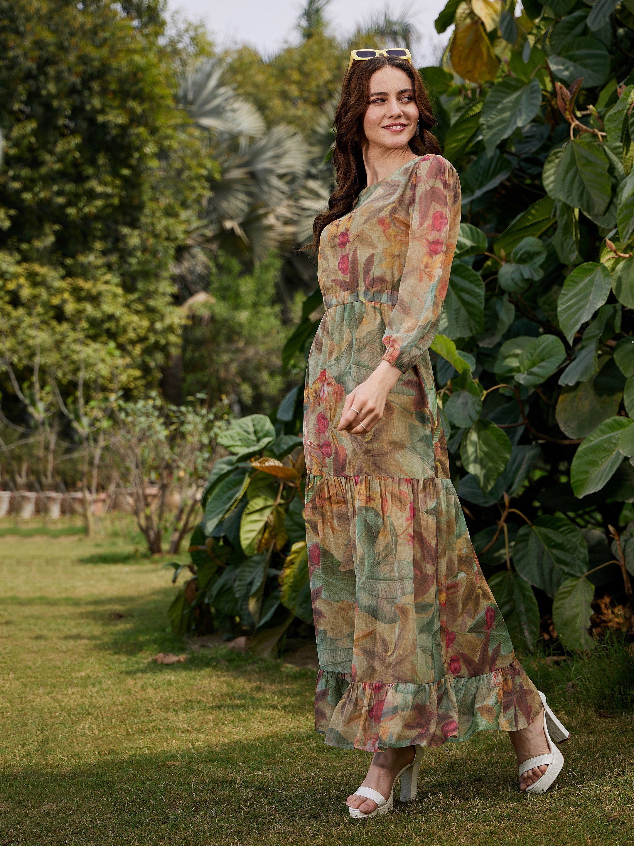 Women's Green Jungle Print Waist Cut Out Maxi Dress - SASSAFRAS