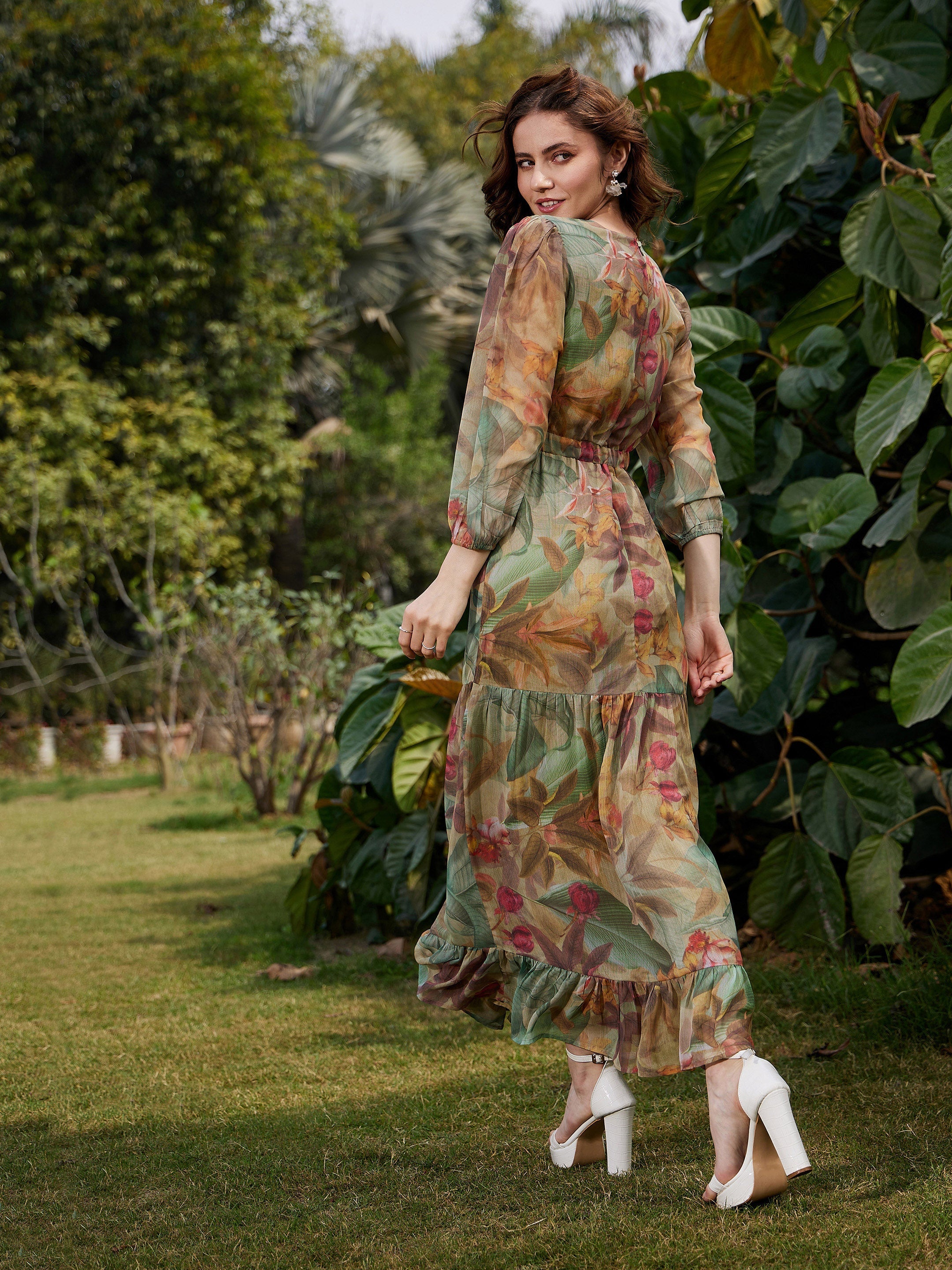 Women's Green Jungle Print Waist Cut Out Maxi Dress - SASSAFRAS