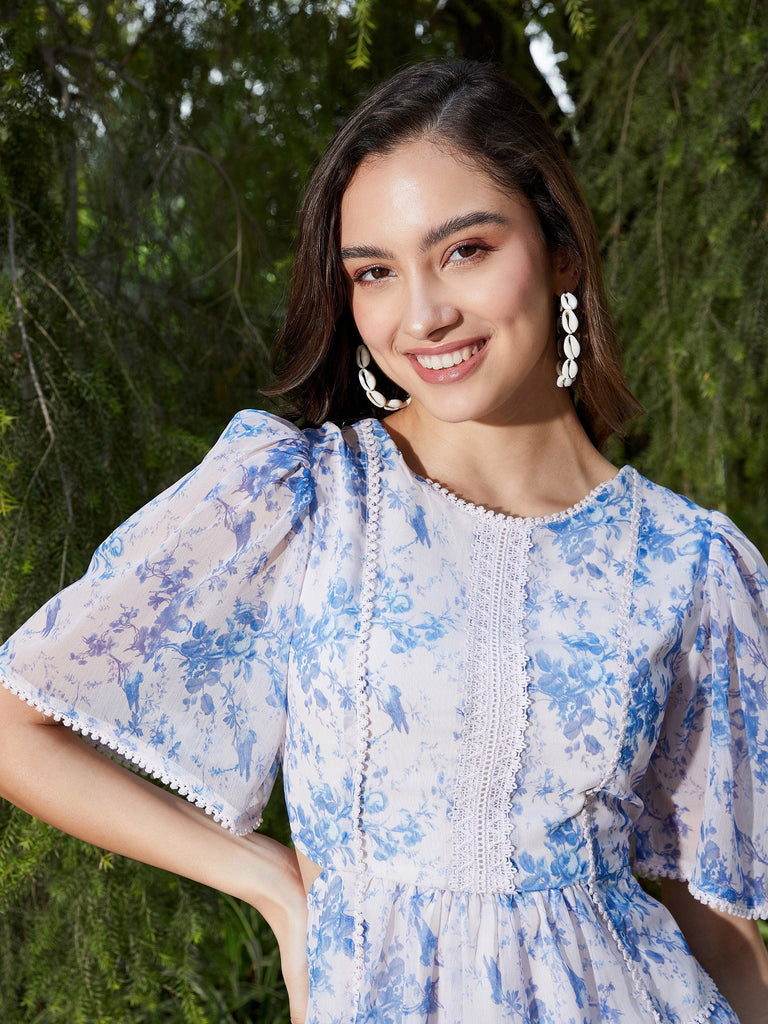 Women's Blue Floral Waist Cut Out Skater Dress