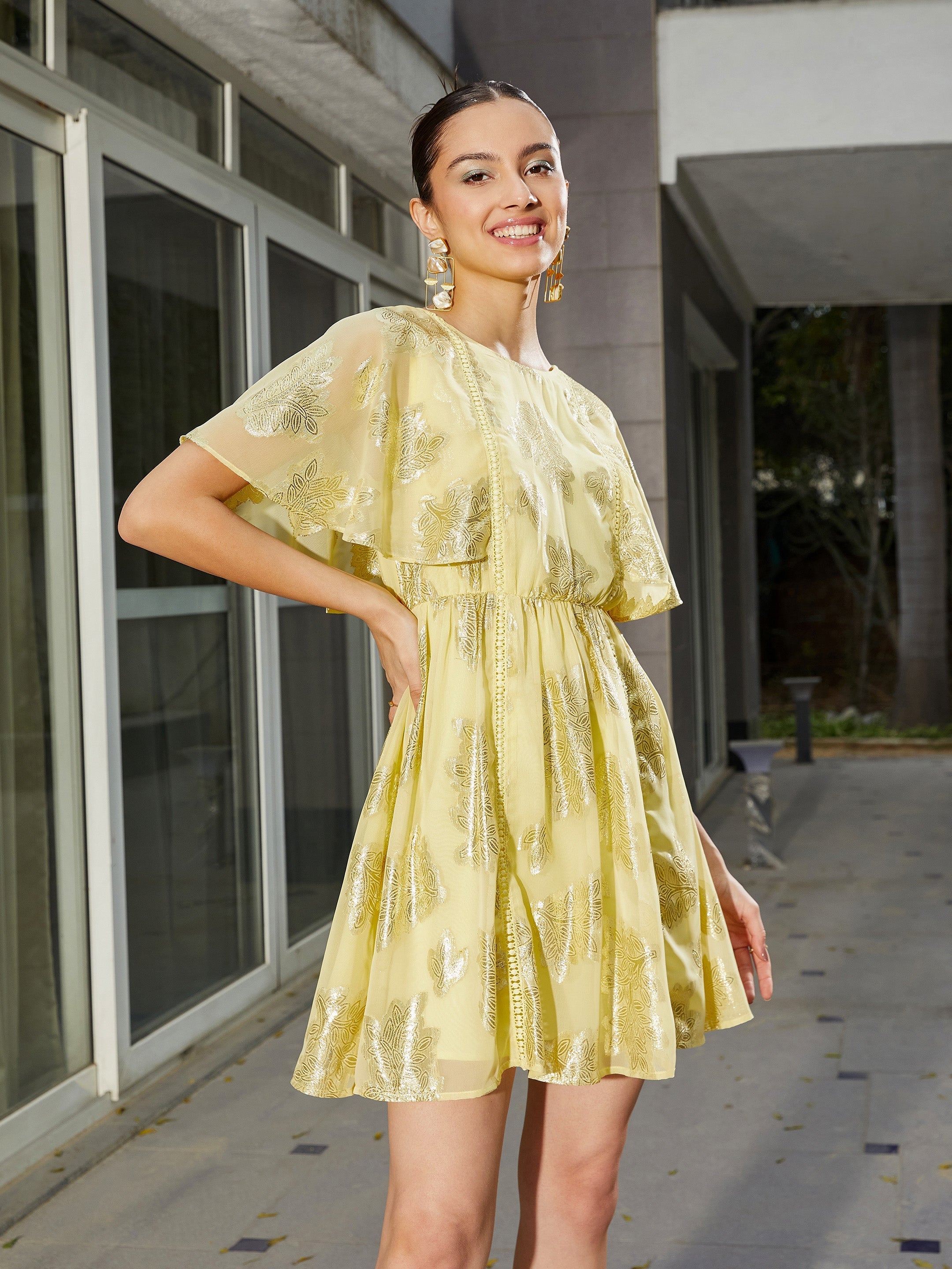 Women's Yellow Jacquard Flared Short Dress - SASSAFRAS