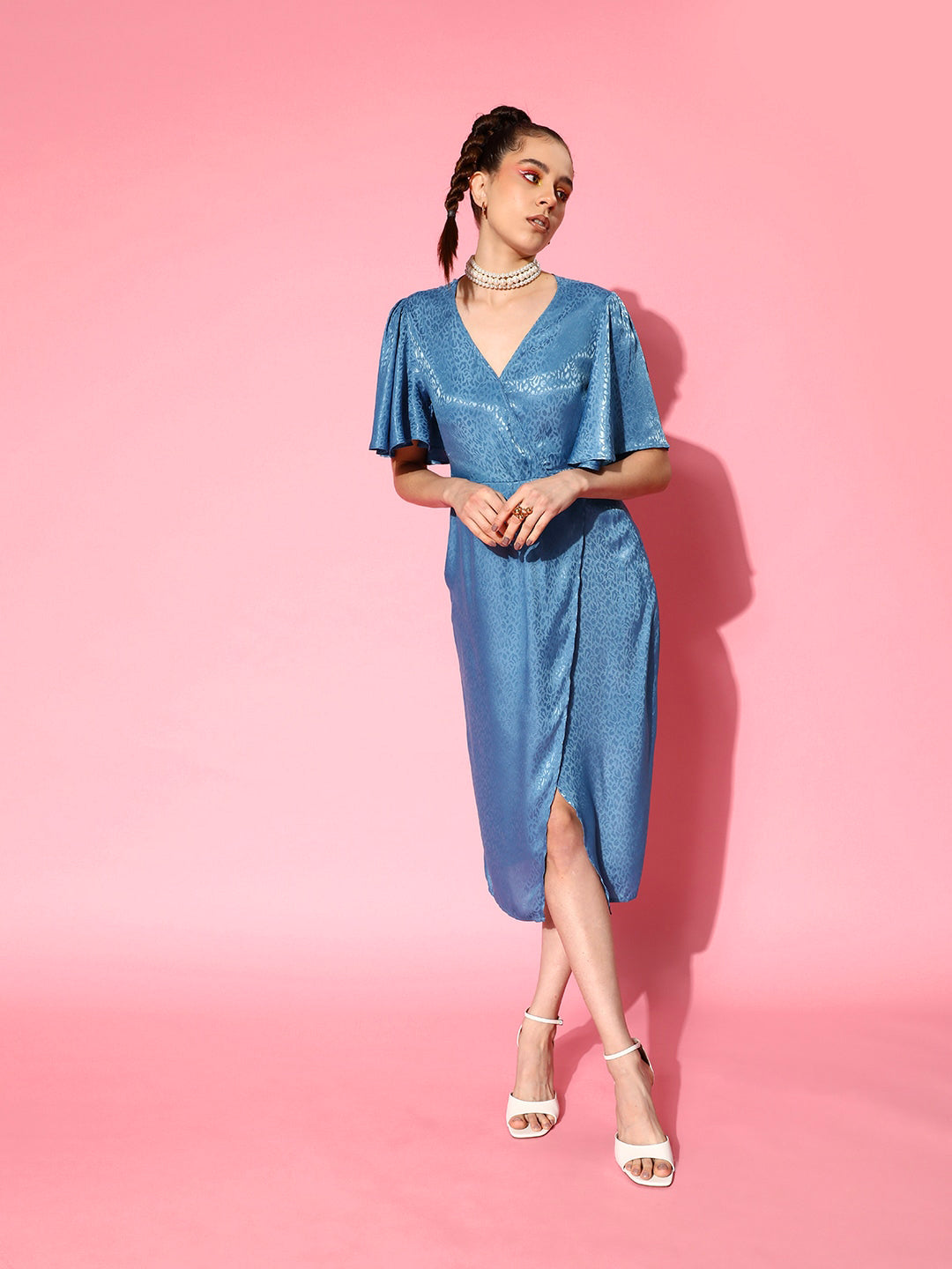 Women's Blue Jacquard Drape Midi Dress