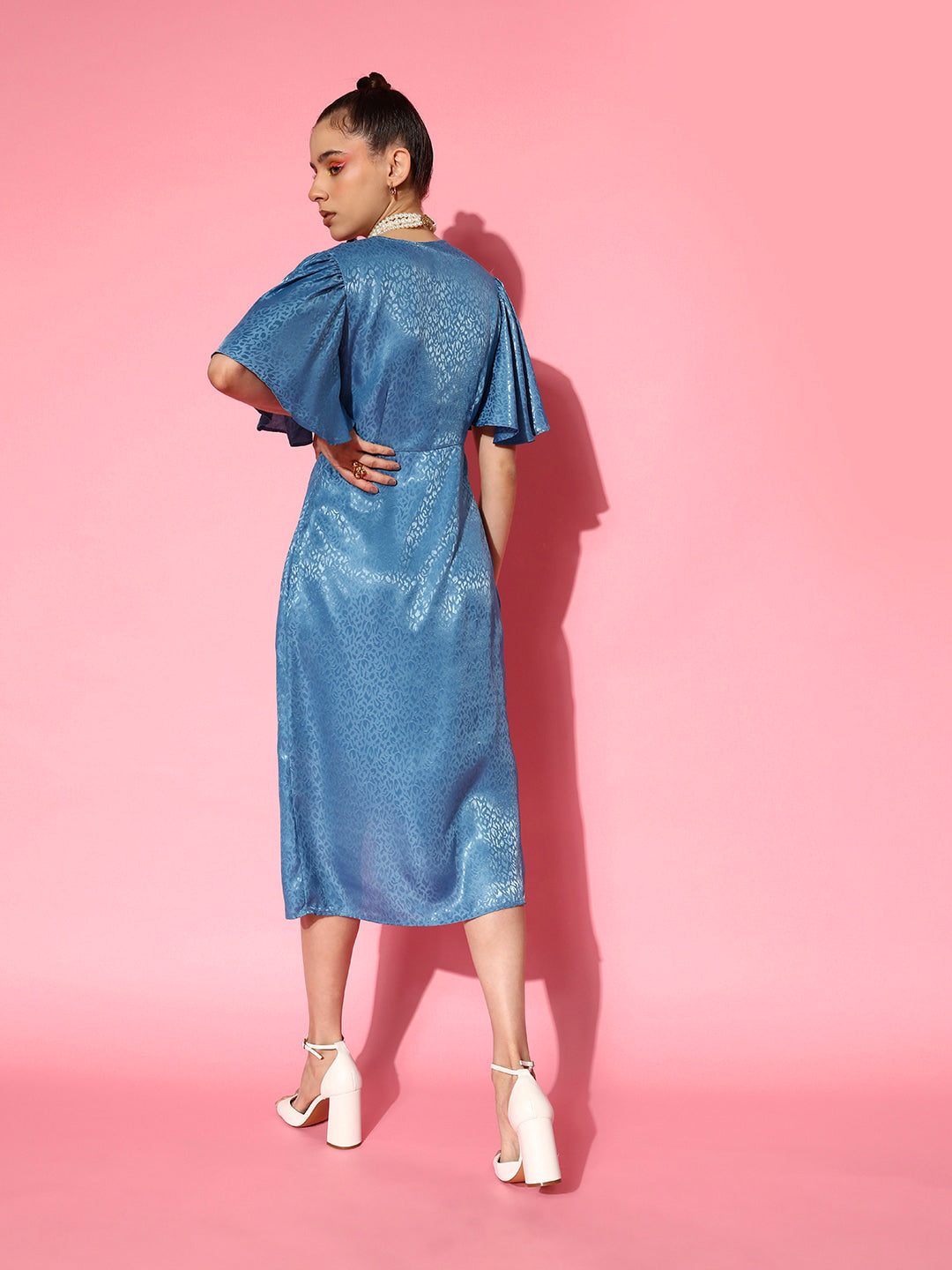 Women's Blue Jacquard Drape Midi Dress - SASSAFRAS
