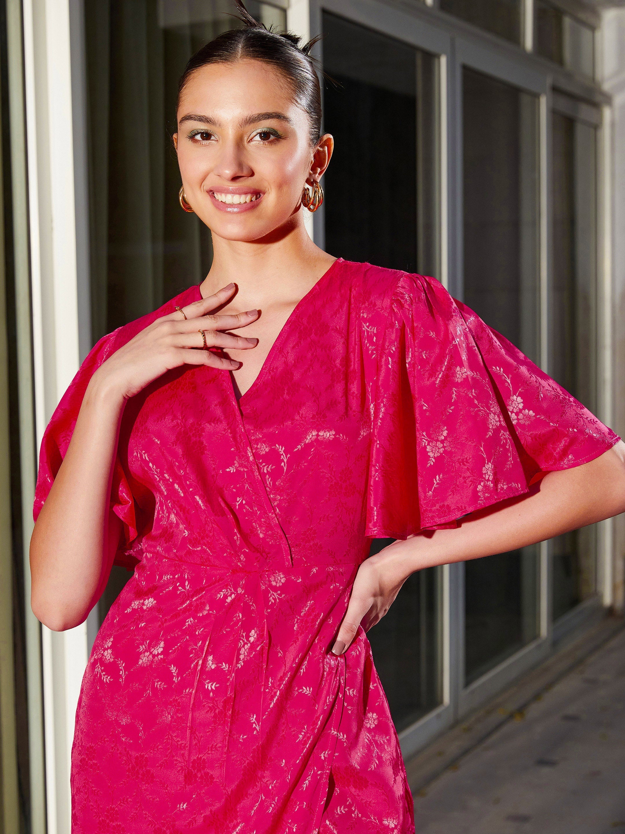 Women's Magenta Jacquard Drape Midi Dress - SASSAFRAS