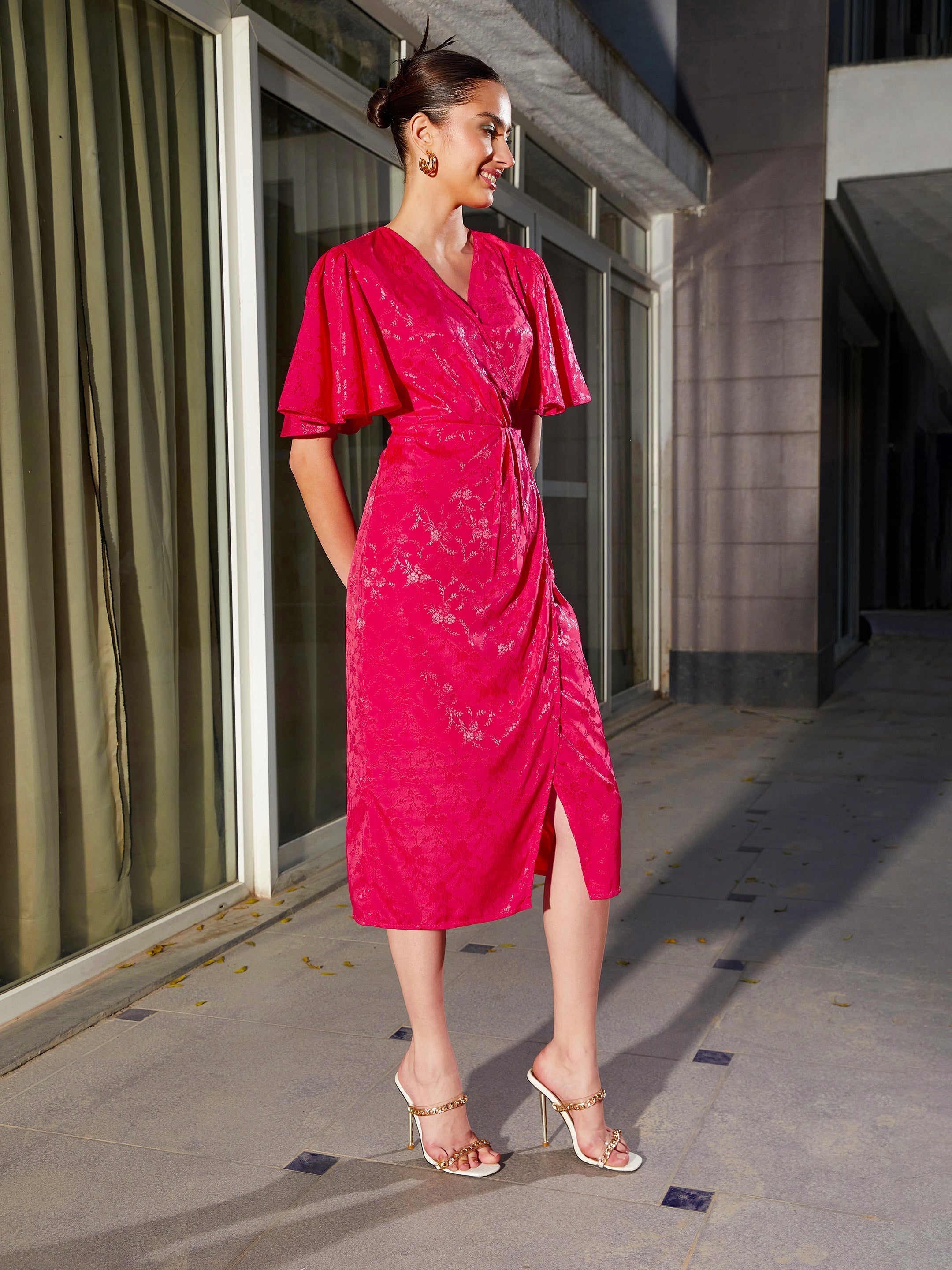 Women's Magenta Jacquard Drape Midi Dress - SASSAFRAS