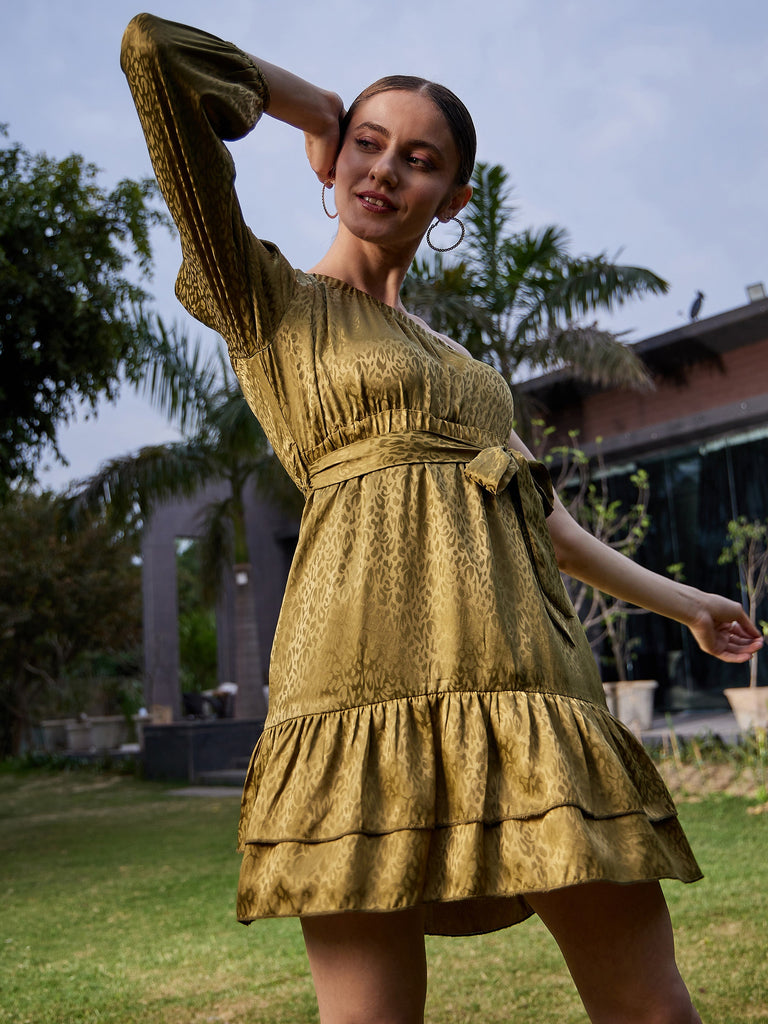 Women's Olive Jacquard One Shoulder Skater Dress