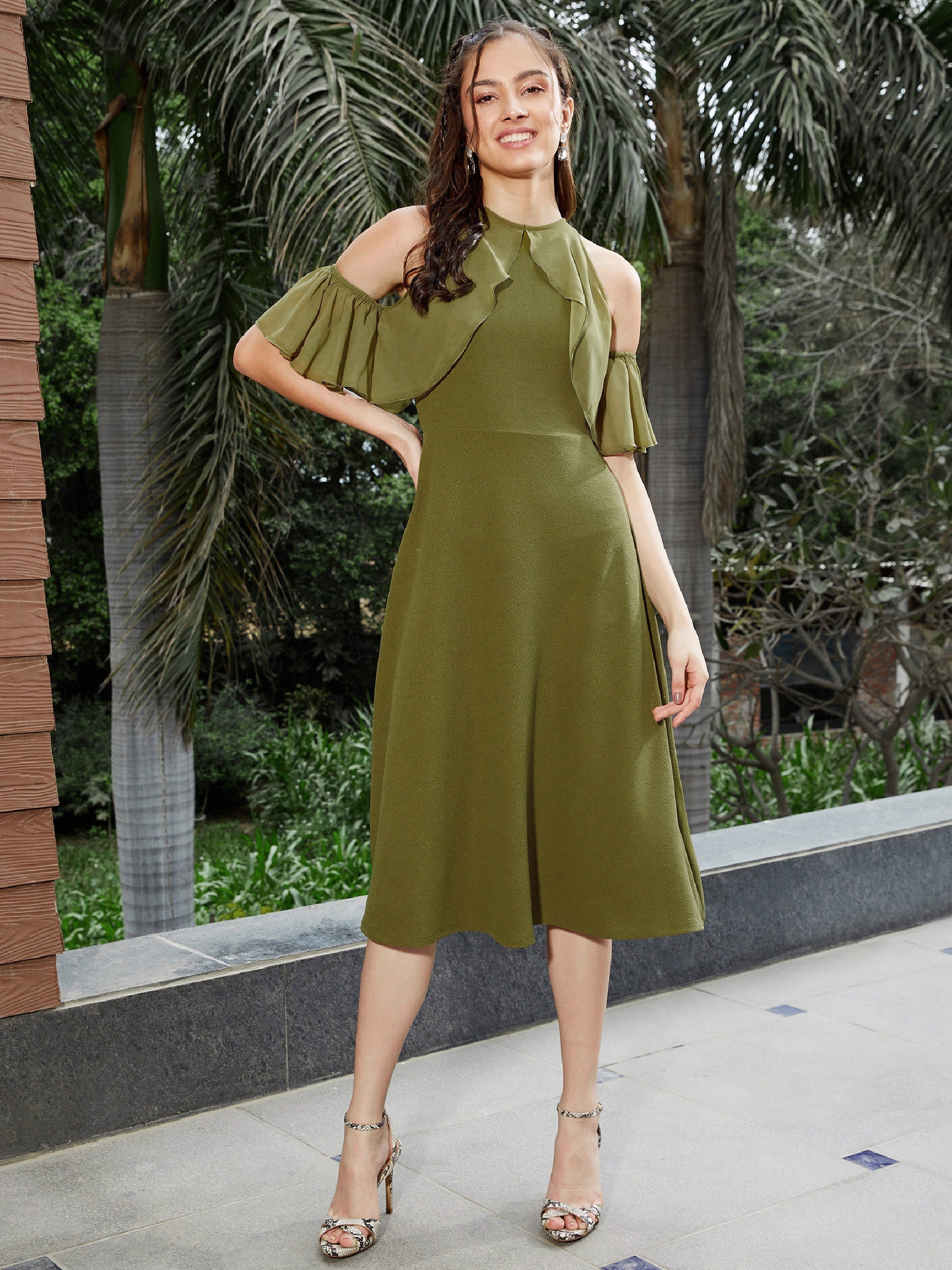 Women's Olive Sleeve Frill Detail Midi Dress - SASSAFRAS