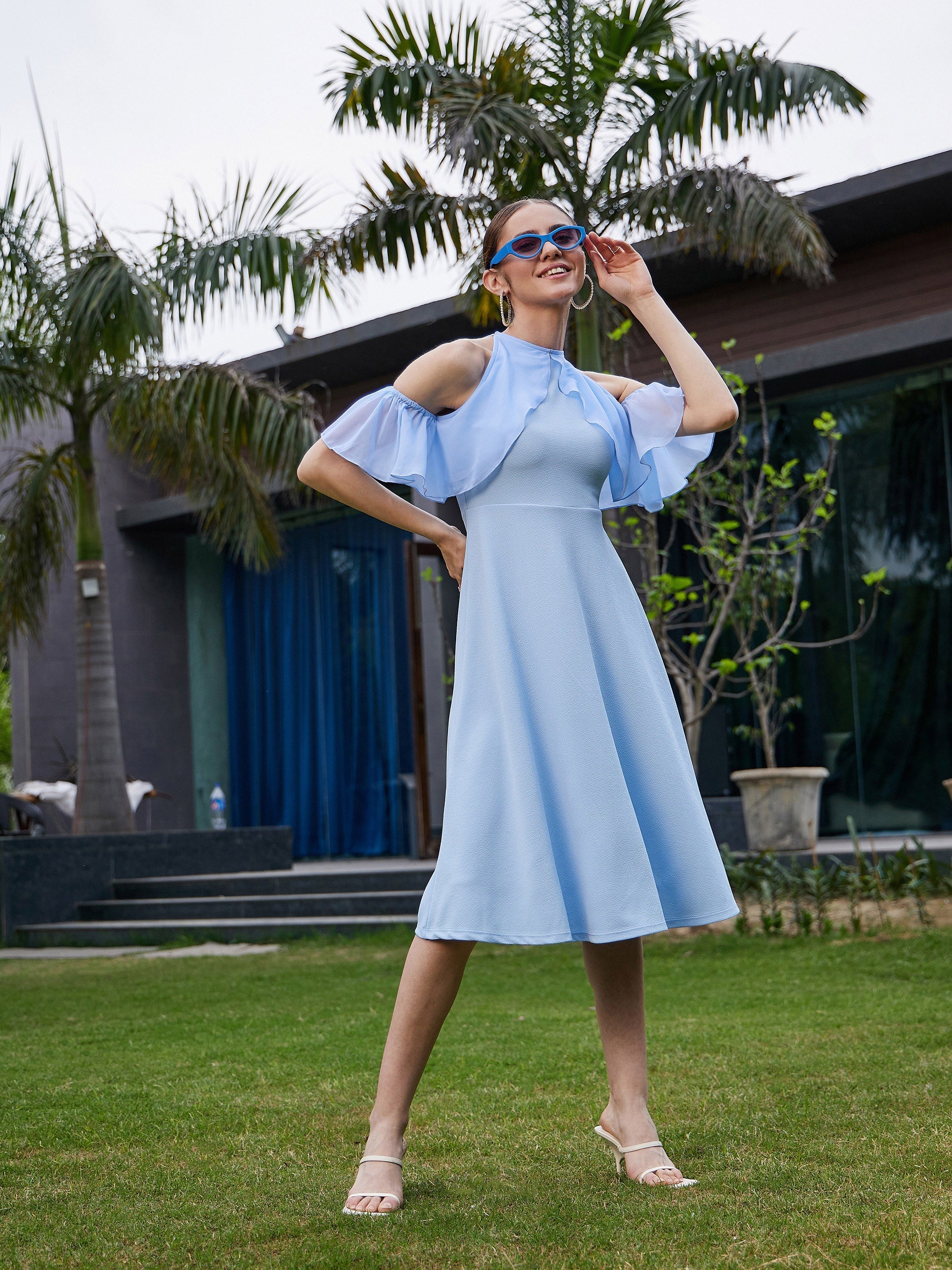 Women's Blue Sleeve Frill Detail Midi Dress - SASSAFRAS