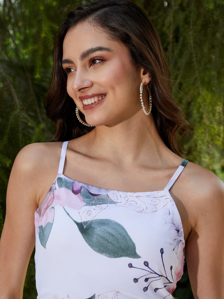 Women's White Floral Strappy Maxi Dress