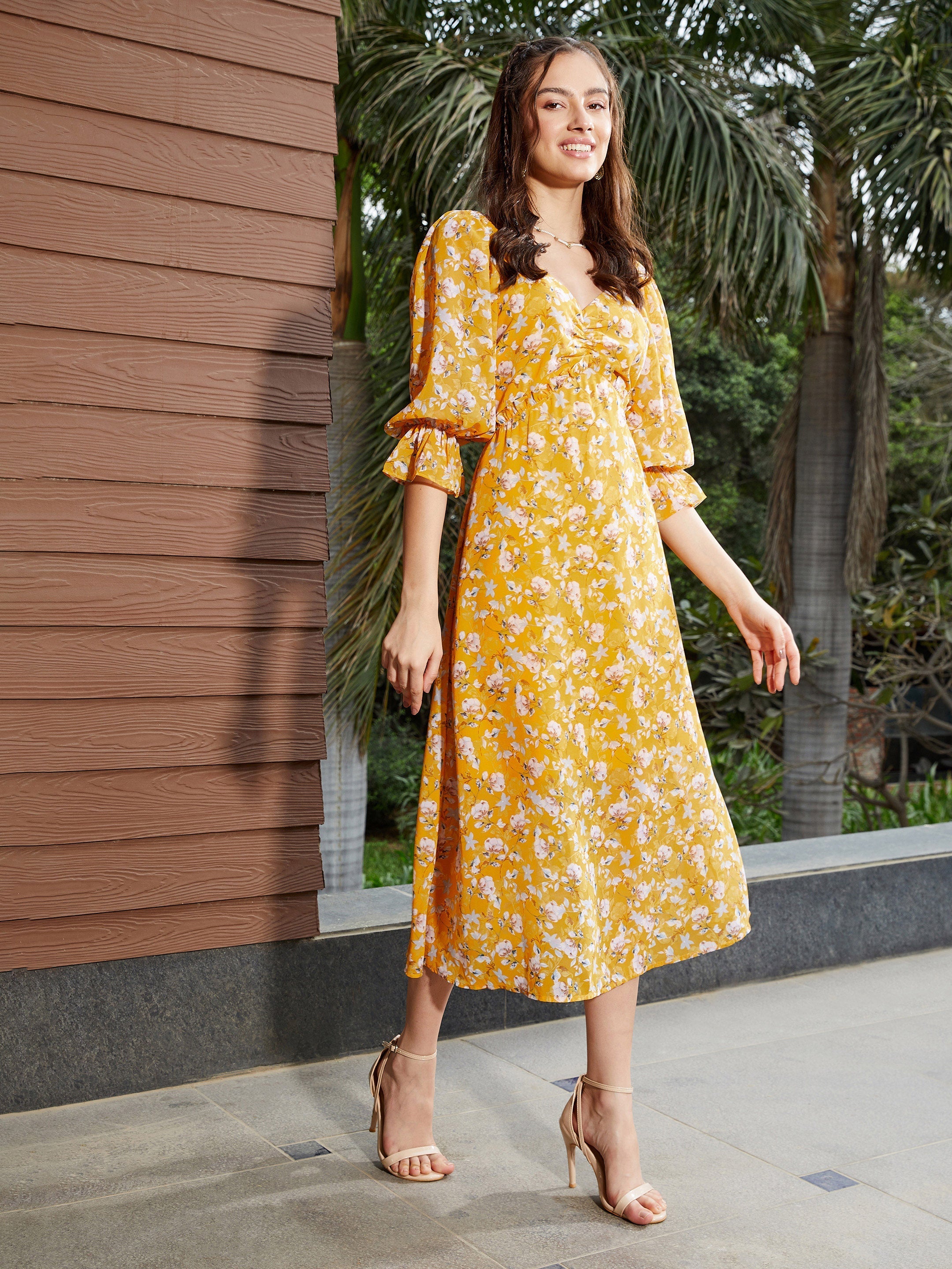 Women's Yellow Floral Ruched Midi Dress - SASSAFRAS