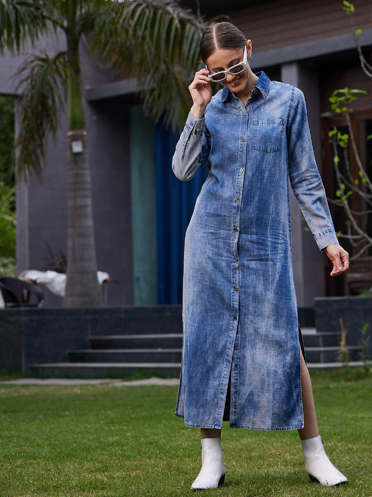 Women's Blue Acid Wash Tencel Maxi Shirt Dress