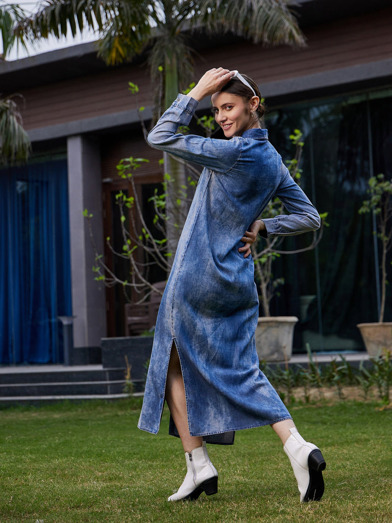 Women's Blue Acid Wash Tencel Maxi Shirt Dress