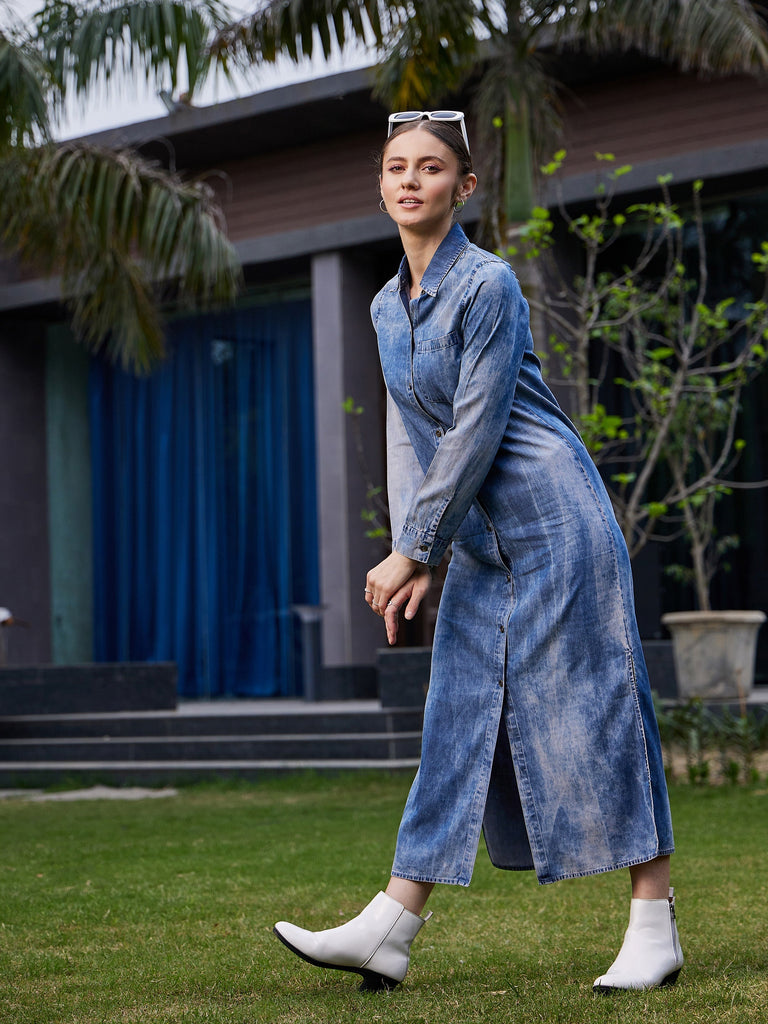 Women's Blue Acid Wash Tencel Maxi Shirt Dress