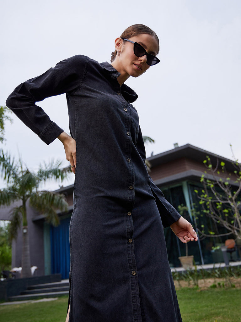 Women's Black Acid Wash Tencel Maxi Shirt Dress