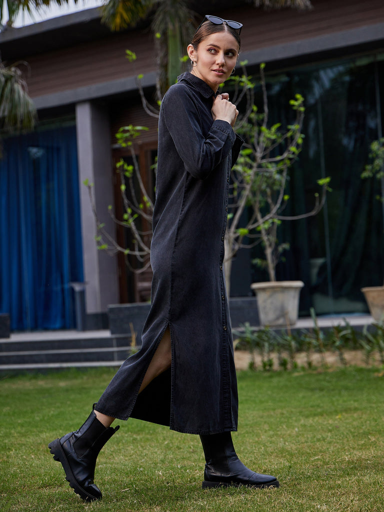 Women's Black Acid Wash Tencel Maxi Shirt Dress