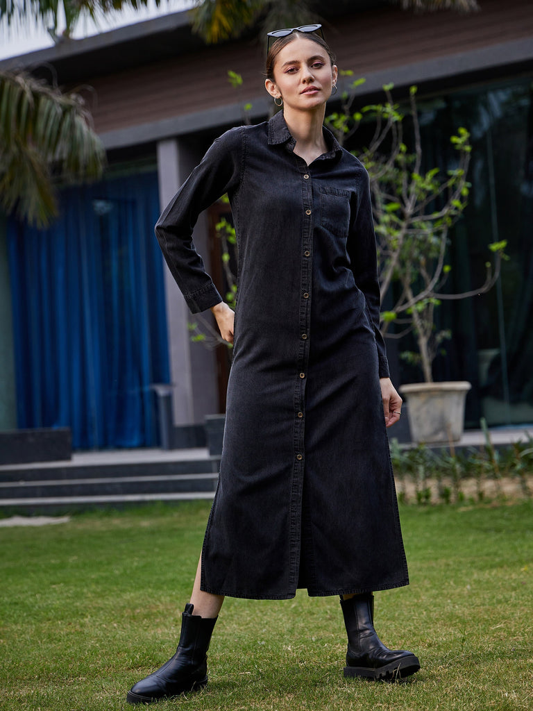 Women's Black Acid Wash Tencel Maxi Shirt Dress