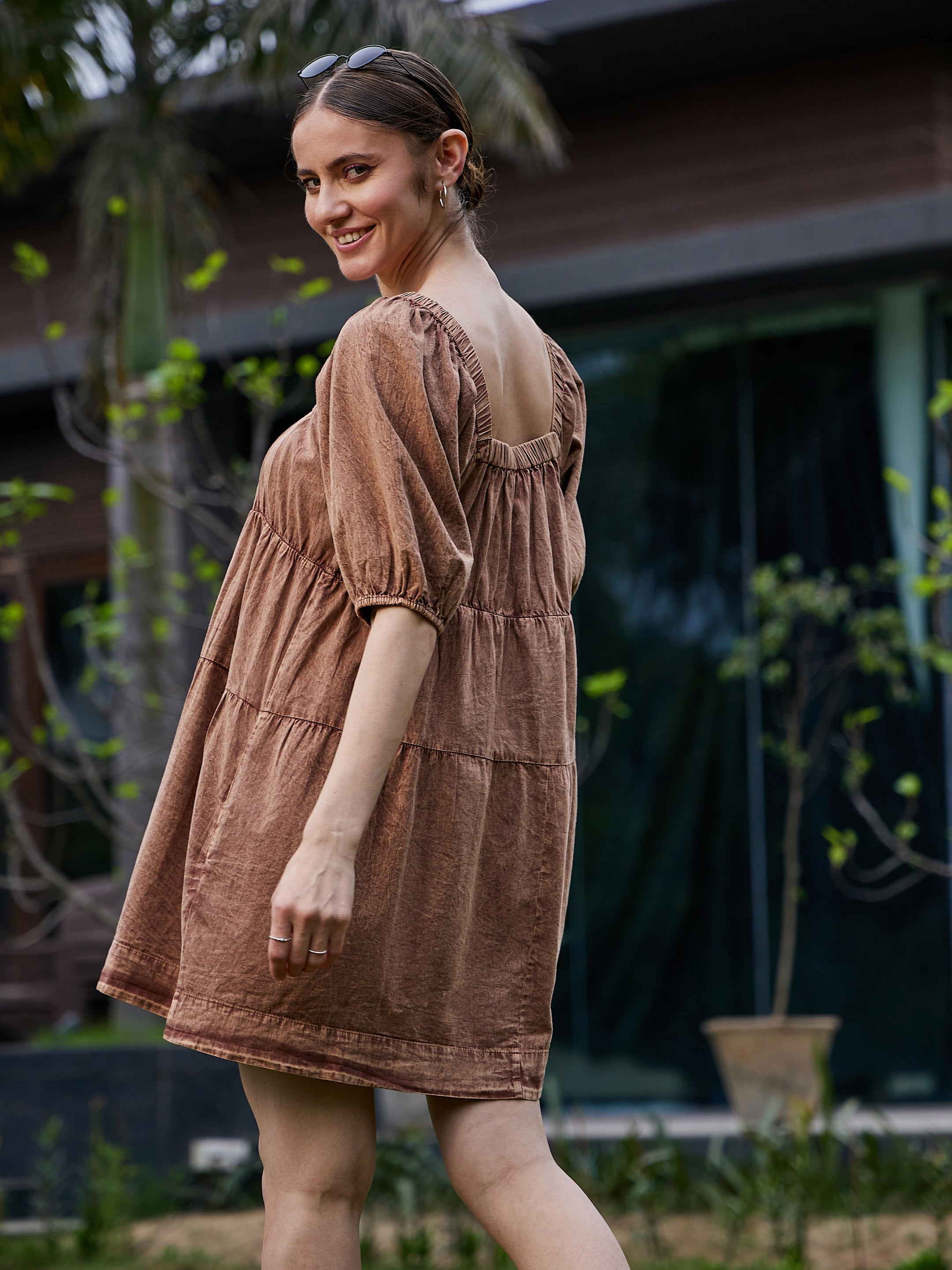 Women's Brown Washed Tiered Dress - SASSAFRAS