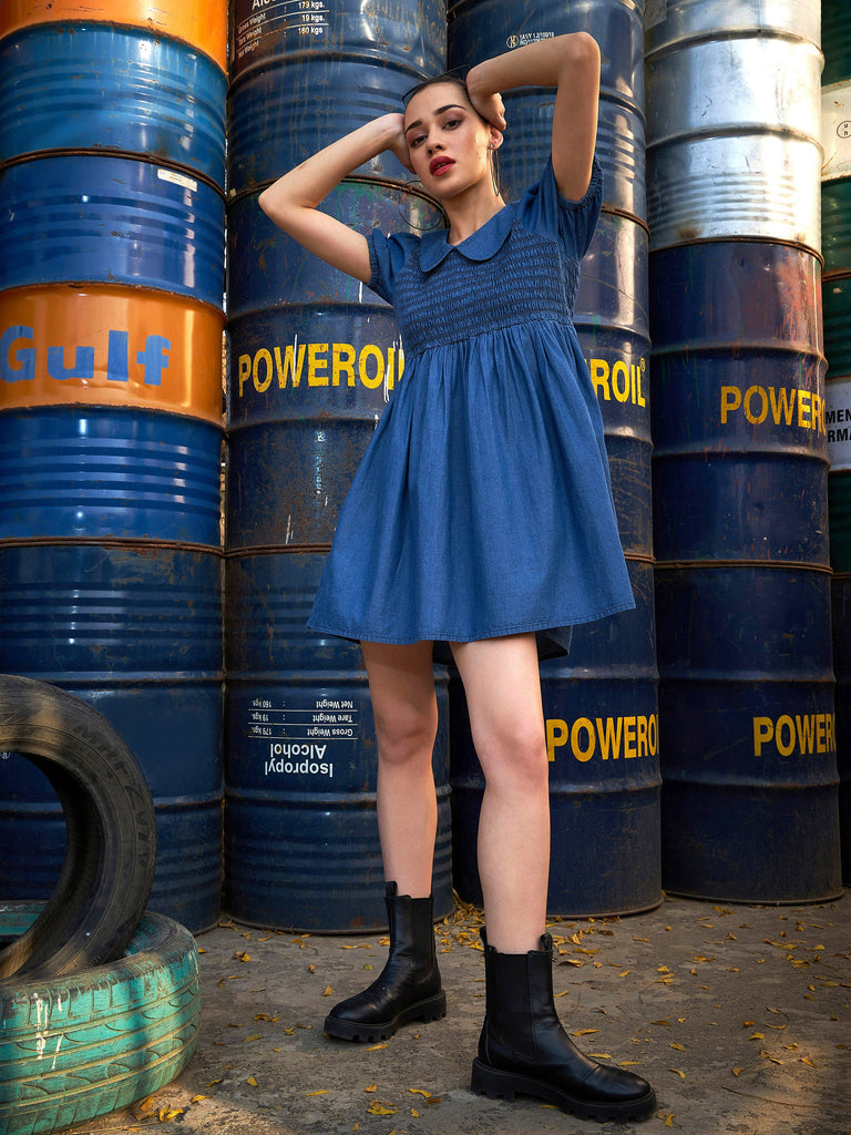 Women's Blue Smocking Collar Dress