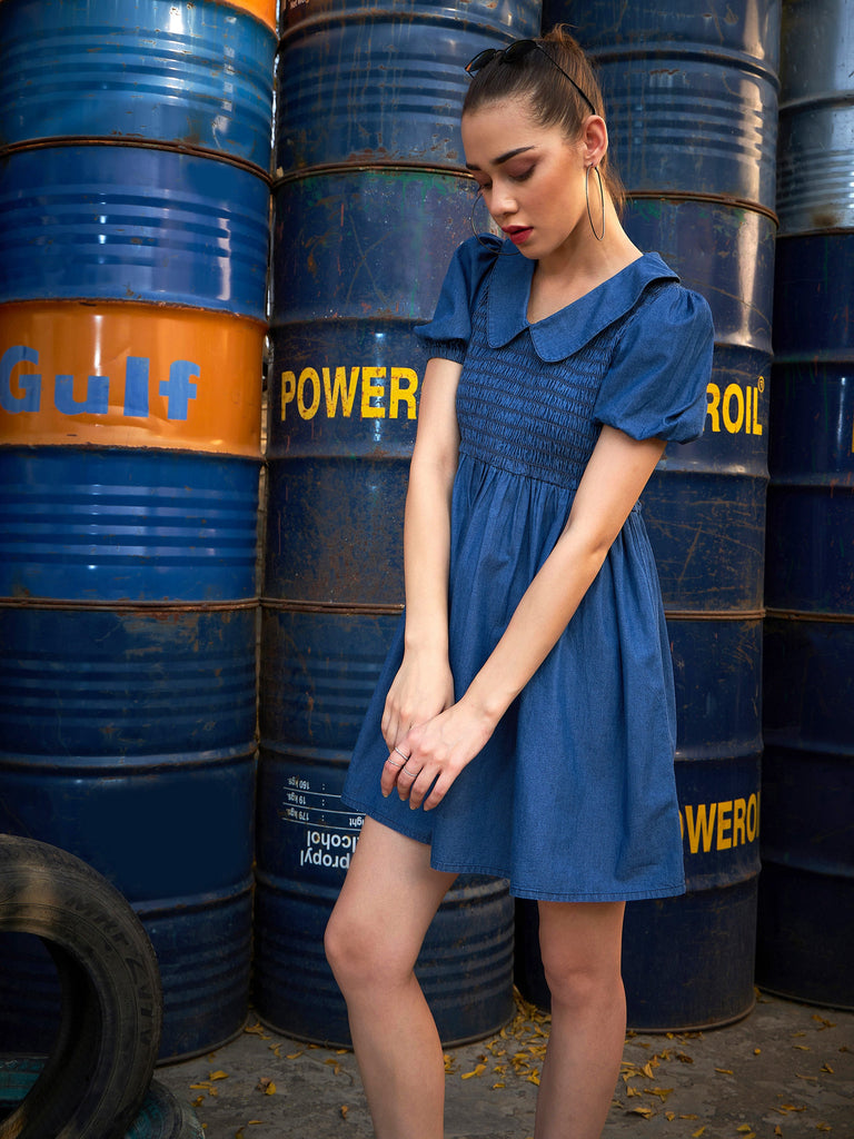 Women's Blue Smocking Collar Dress