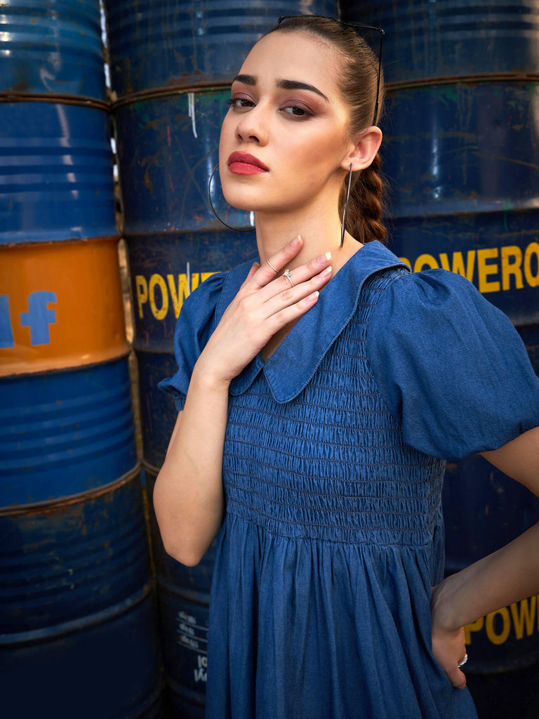 Women's Blue Smocking Collar Dress