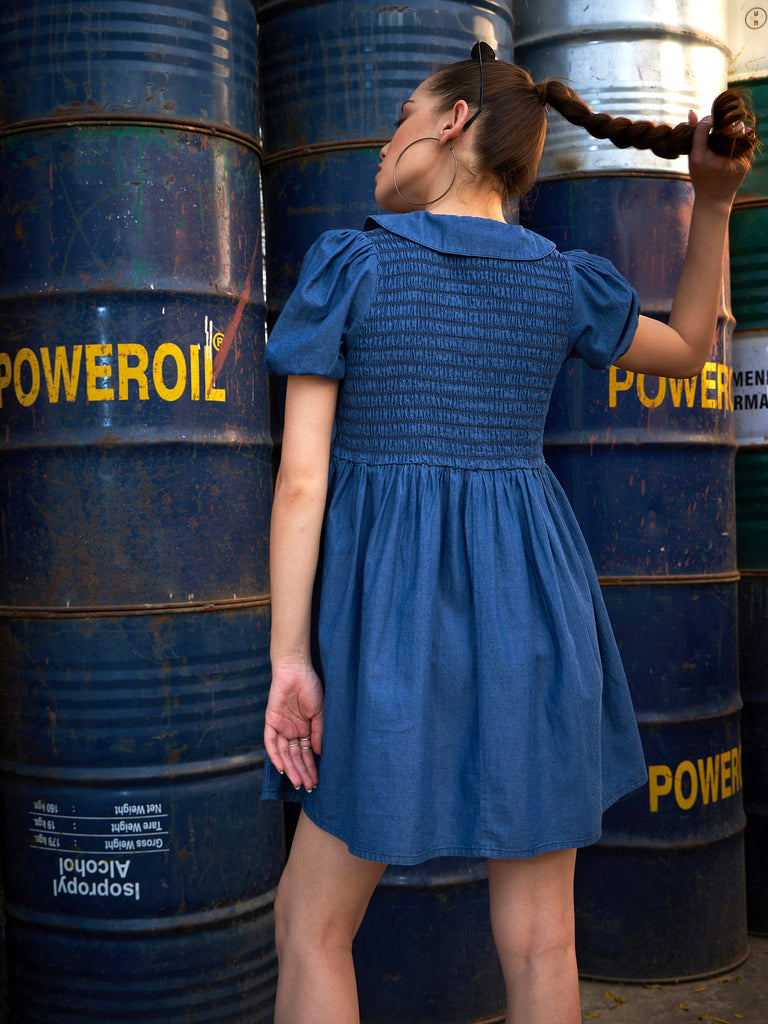 Women's Blue Smocking Collar Dress