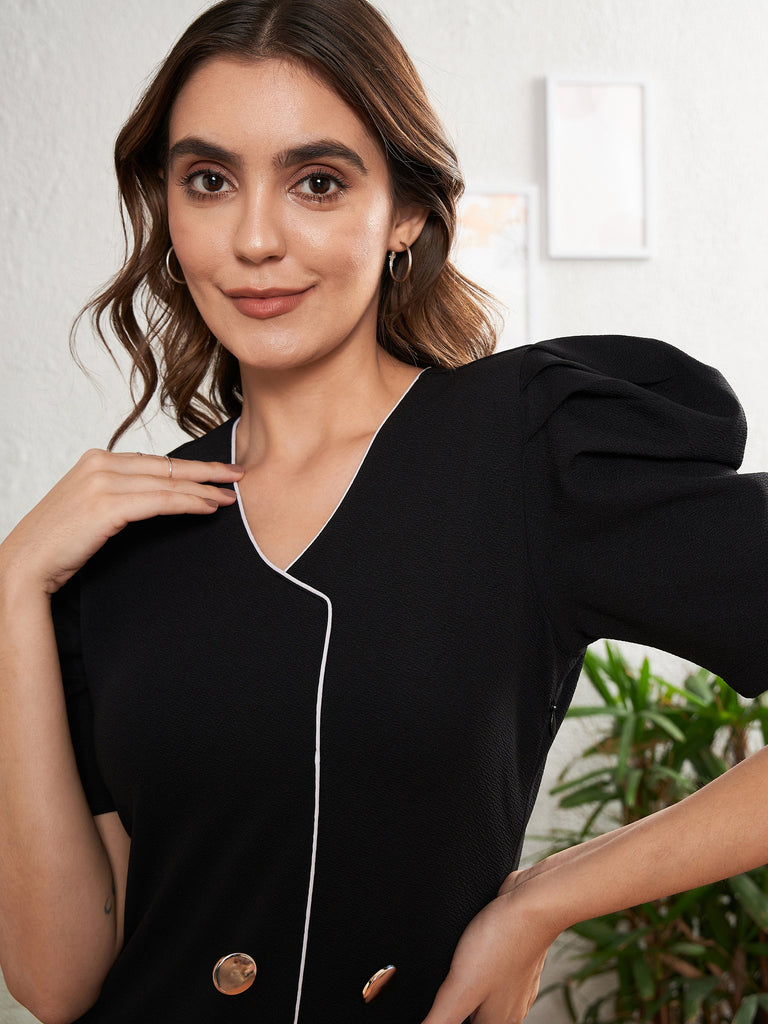 Women's Black Double Button Placket Bodycon Dress