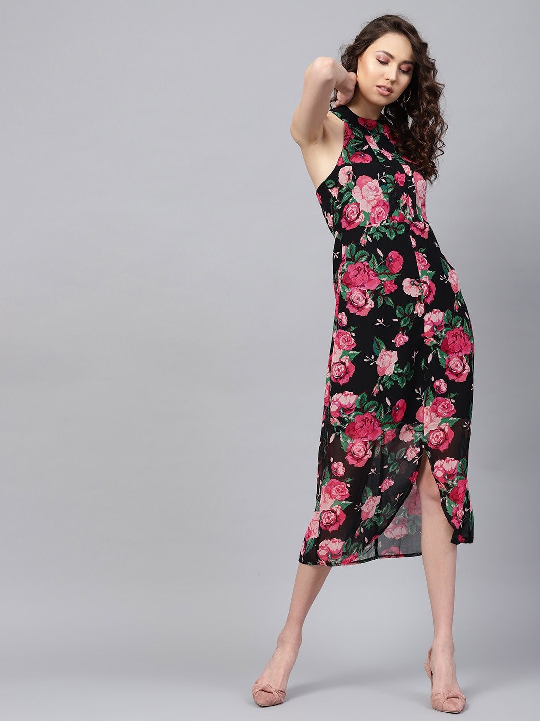 Women's Black Floral Halter Maxi Dress - SASSAFRAS