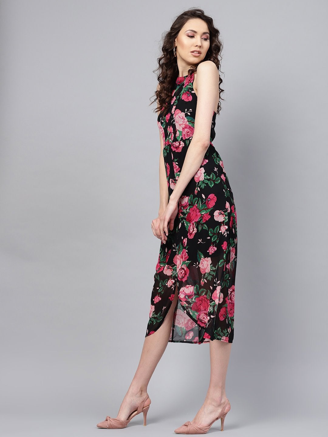 Women's Black Floral Halter Maxi Dress - SASSAFRAS