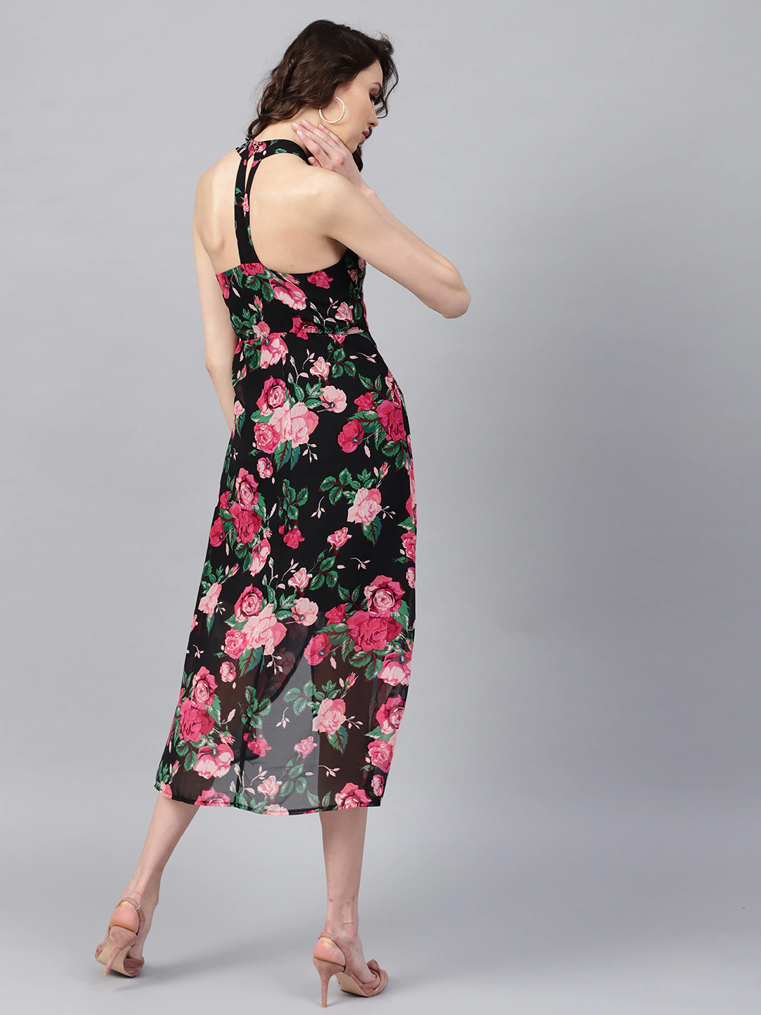 Women's Black Floral Halter Maxi Dress - SASSAFRAS