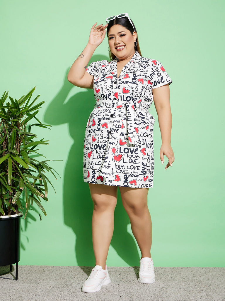 Women's White Love Text Print Twill Belted Blazer Dress