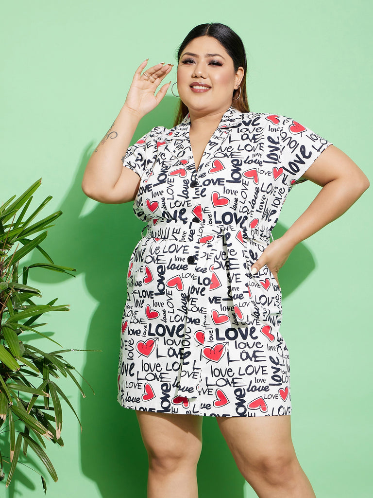 Women's White Love Text Print Twill Belted Blazer Dress