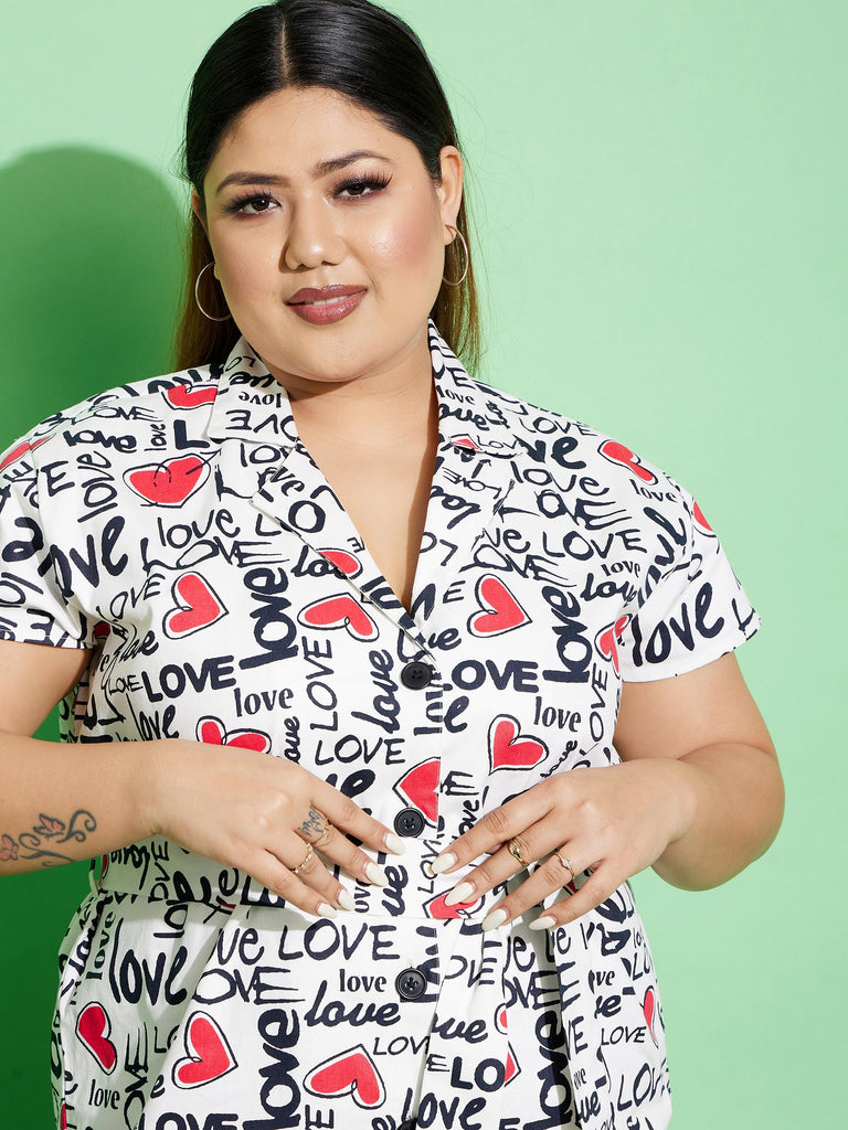 Women's White Love Text Print Twill Belted Blazer Dress