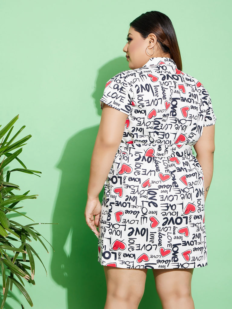 Women's White Love Text Print Twill Belted Blazer Dress
