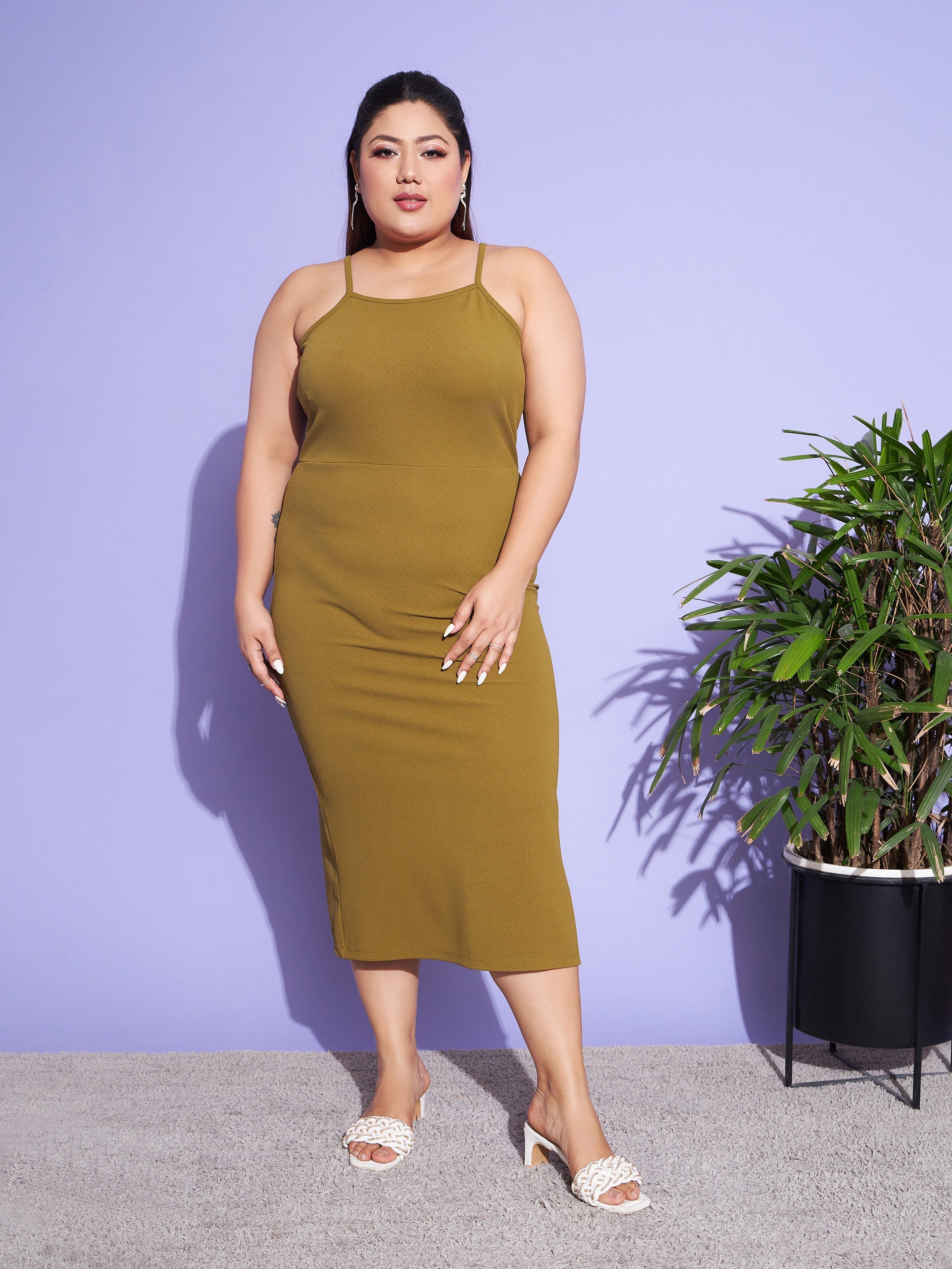 Women's Olive Solid Strappy Dress With Shrug - SASSAFRAS