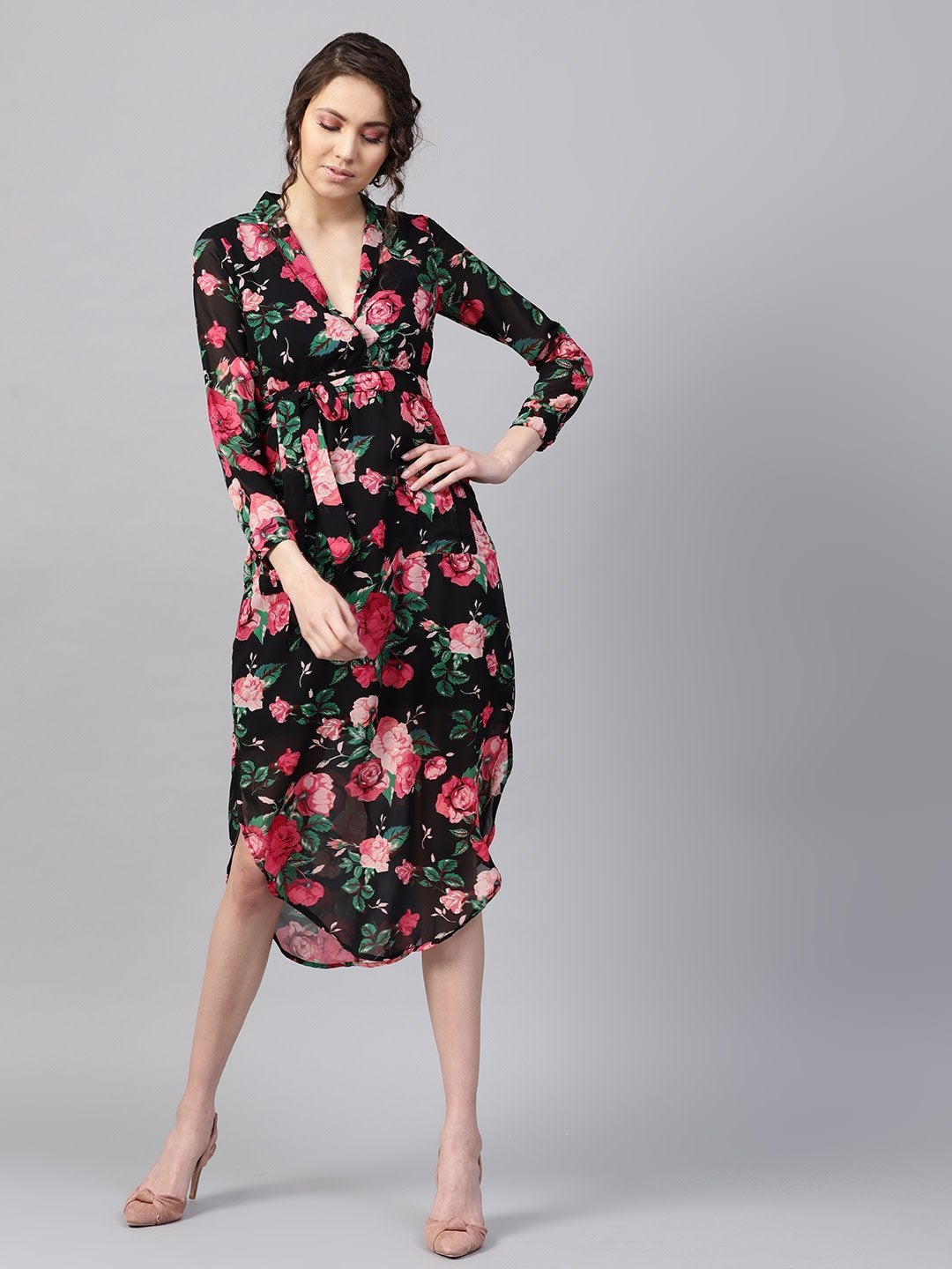 Women's Black Floral Belted Maxi Dress - SASSAFRAS