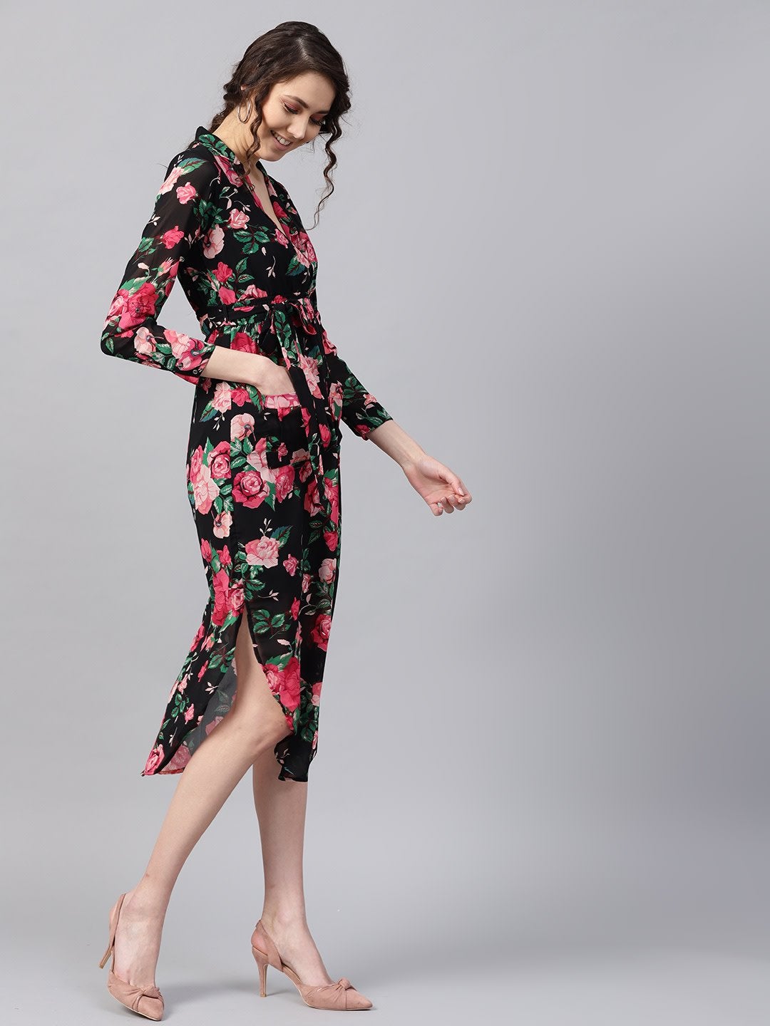 Women's Black Floral Belted Maxi Dress - SASSAFRAS