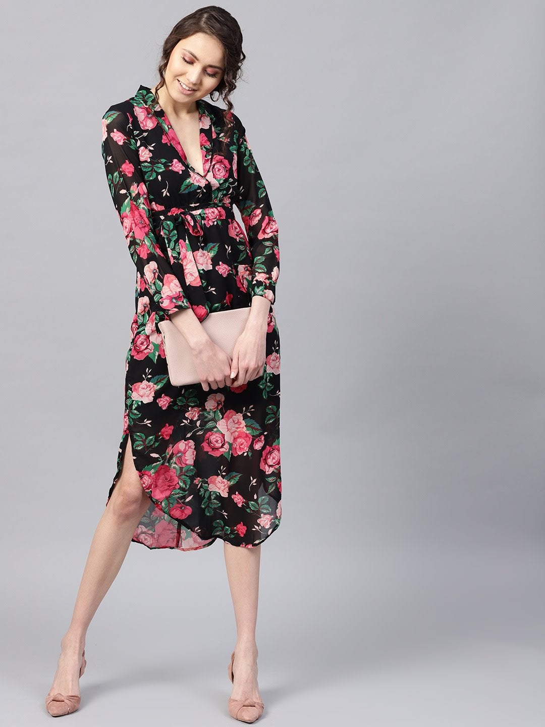 Women's Black Floral Belted Maxi Dress - SASSAFRAS