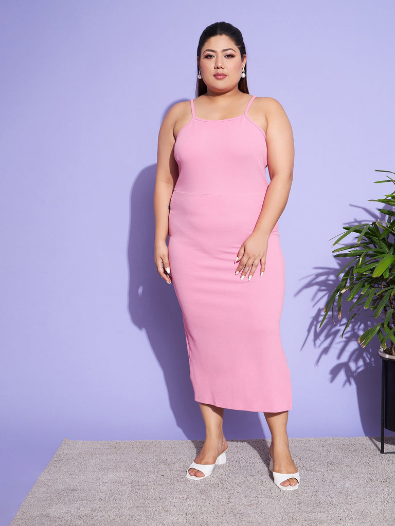 Women's Pink Solid Strappy Dress With Shrug
