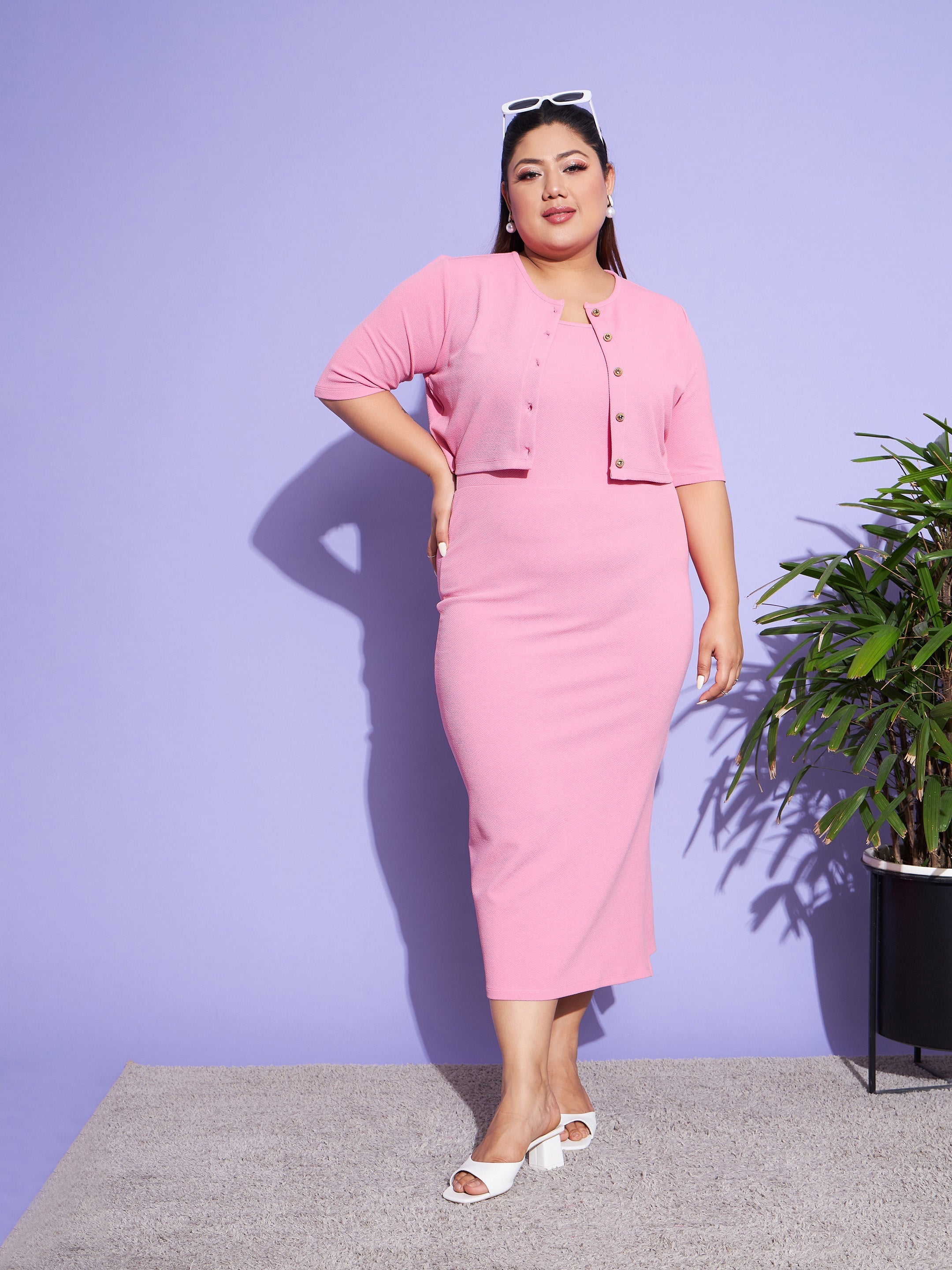 Women's Pink Solid Strappy Dress With Shrug - SASSAFRAS