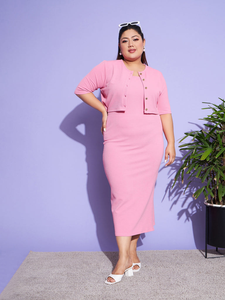 Women's Pink Solid Strappy Dress With Shrug