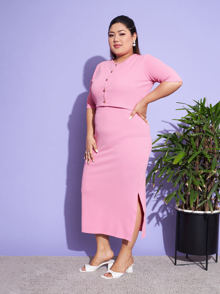 Women's Pink Solid Strappy Dress With Shrug