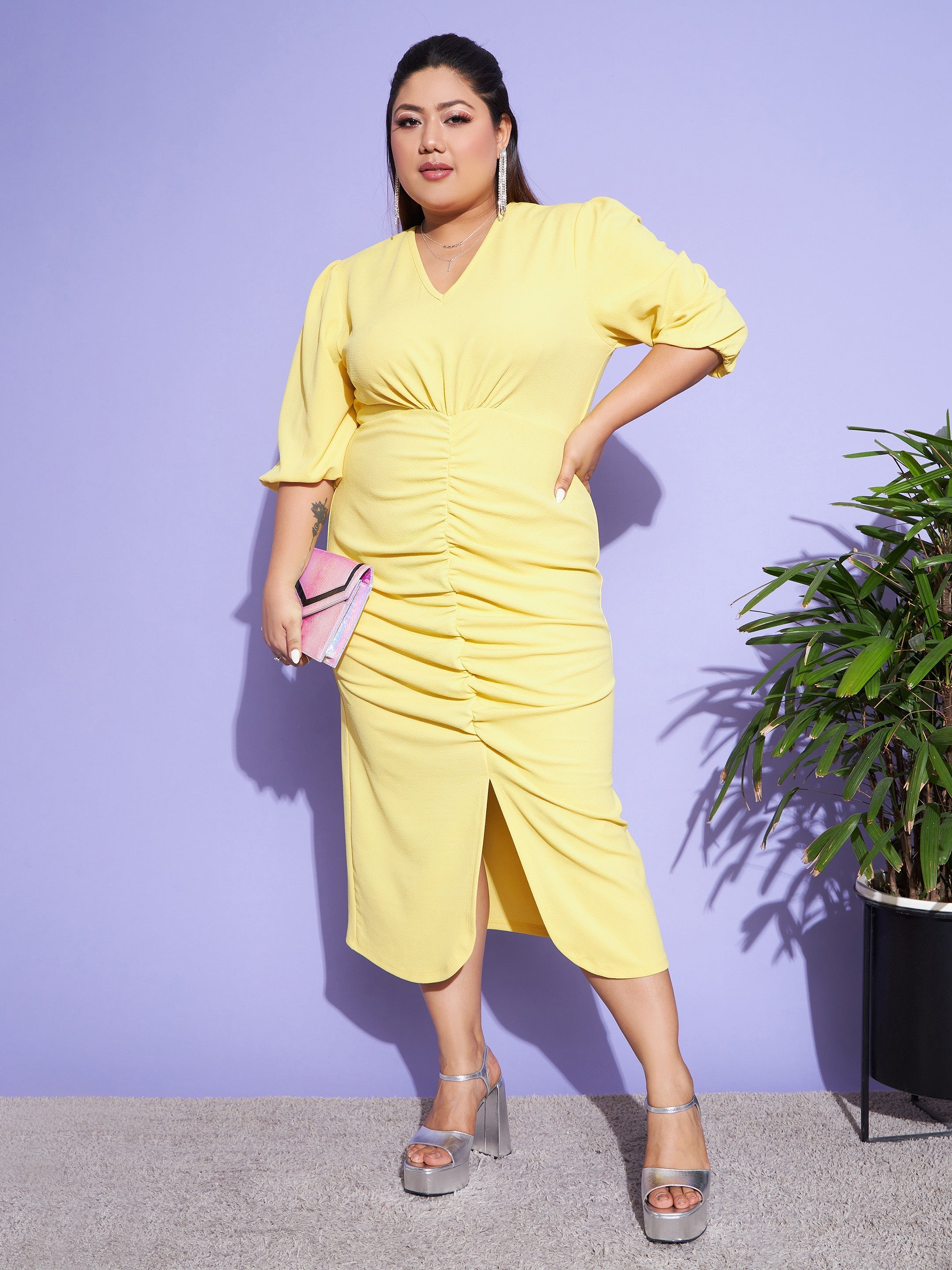Women's Yellow Solid Front Ruched Dress - SASSAFRAS