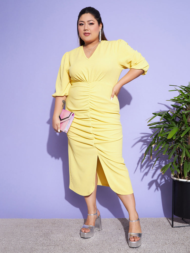 Women's Yellow Solid Front Ruched Dress