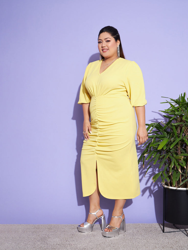 Women's Yellow Solid Front Ruched Dress