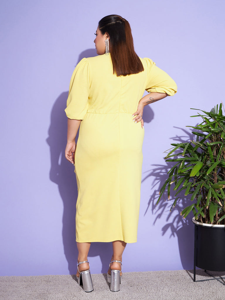 Women's Yellow Solid Front Ruched Dress