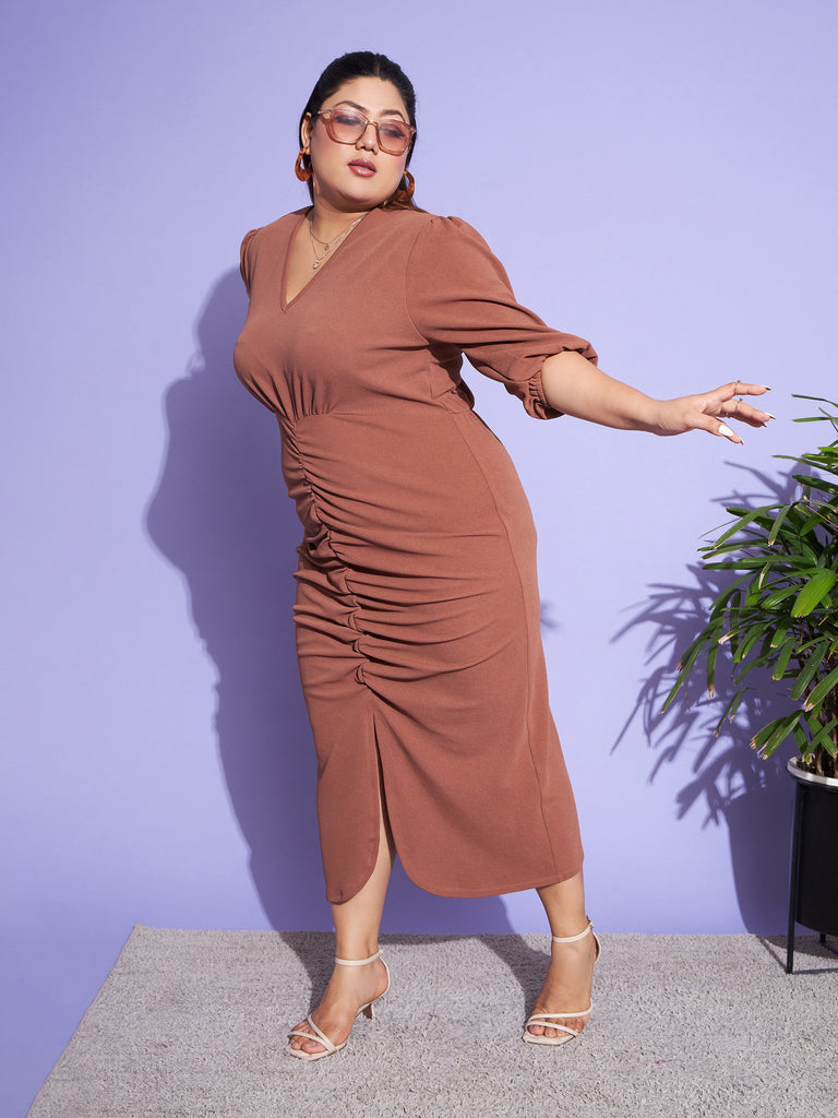 Women's Brown Solid Front Ruched Dress